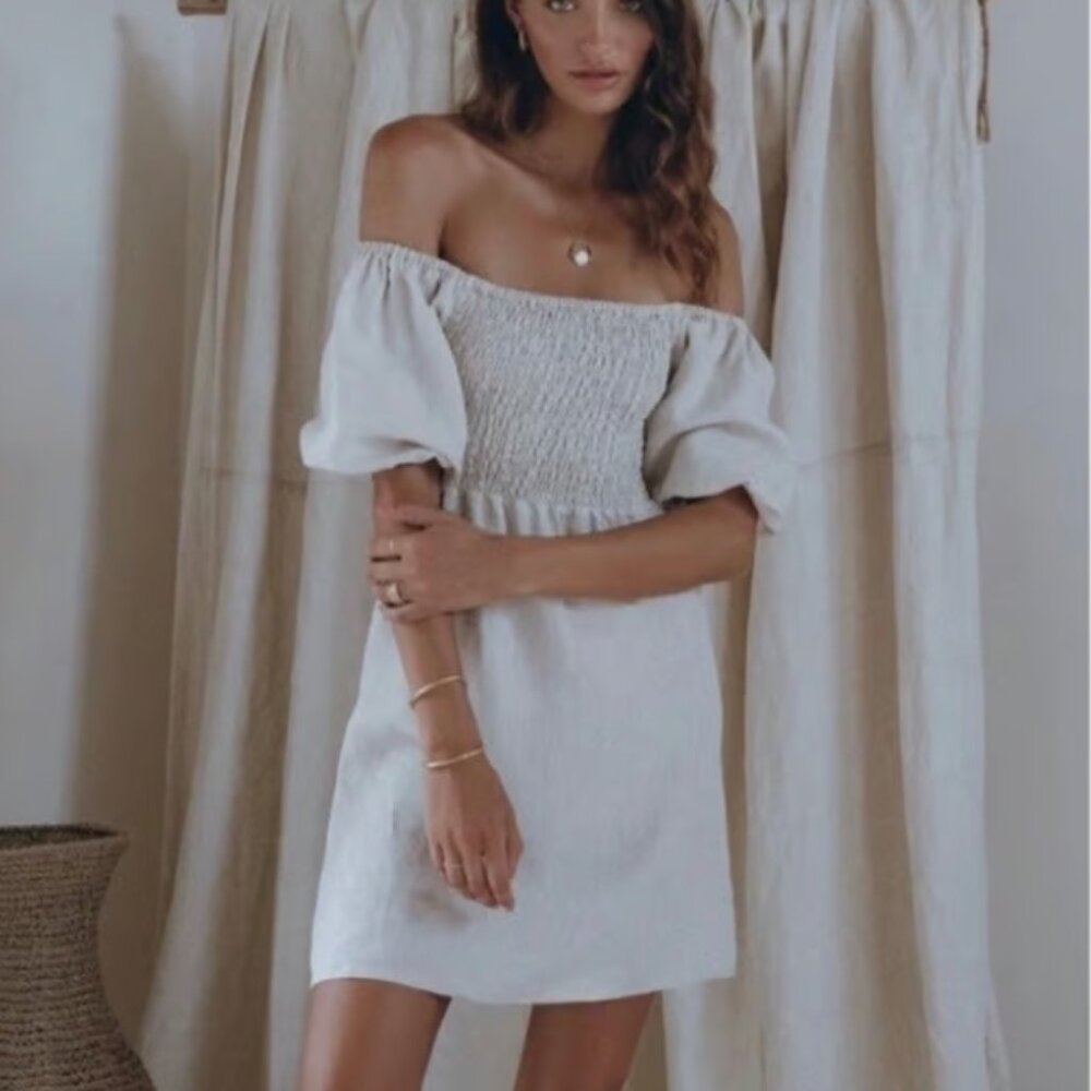 Aura the Label Willow Mini Dress Linen Over the Shoulder